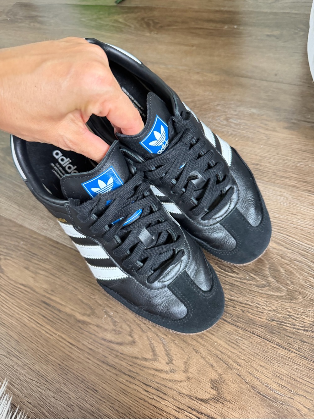 adidas samba Black Sneakers with White Stripes and Blue Logo